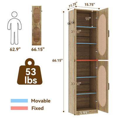 66-Inch Bathroom Storage Cabinet with 2 Rattan Doors for Toilet, Tall Narrow Bath Room Cabinets, Slim Wooden Floor Storage Cabinets with Adjustable Shelves and 4 Hooks for Restroom, Brown