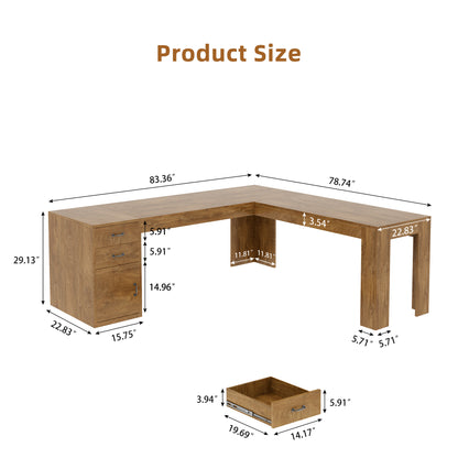 83" Farmhouse L Shaped Office Desk with Cabinet & Drawer, Oak Brown Wood Executive Computer Desk with Spacious Storage, Large Corner Workstation Ideal for Home Office