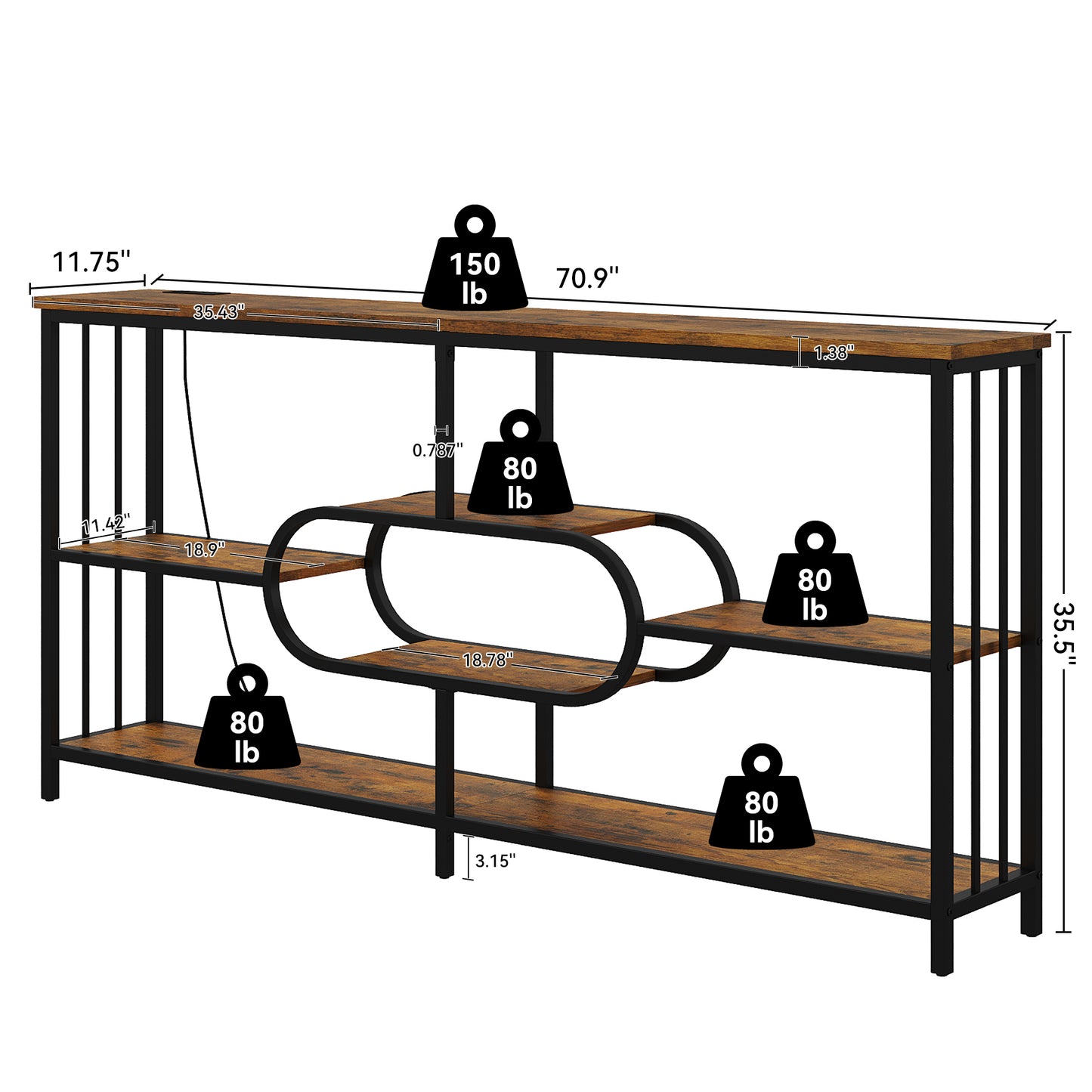 70.9-Inch Industrial Console Table with 3-Tier Shelves and Power Outlet for Living Room Entryway, Long Sofa Table with Metal Frame and Storage Shelf for Hallway Behind Couch, Rustic Brown