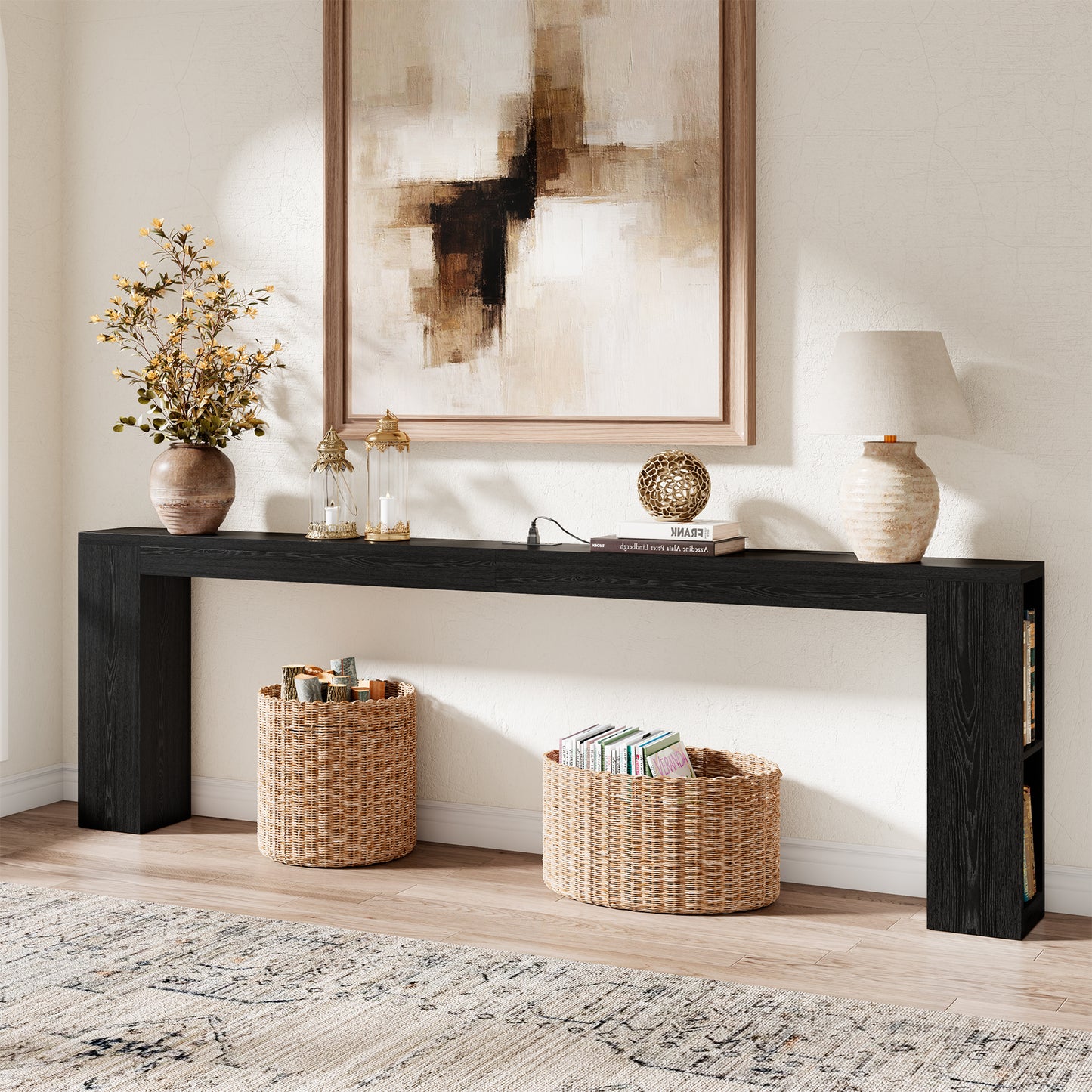 94.5" Narrow Console Table with USB Charging & Storage, Black | 94.5"Extra Long Slim, Behind Sofa Couch Table with Outlet, Black Wood Finish, for Entryway,Hallway, Easy Assembly