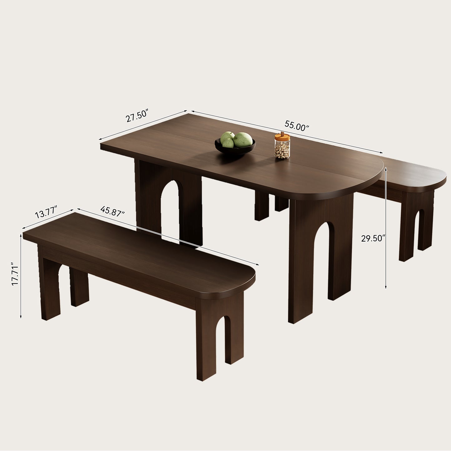 Dining Table with Stools for 4 Person, 55-inch Kitchen Wood Dinner Table Set with 2 Piece Benches Wooden Tabletop Dining Room Table for Living Room, Apartment, Retro Brown