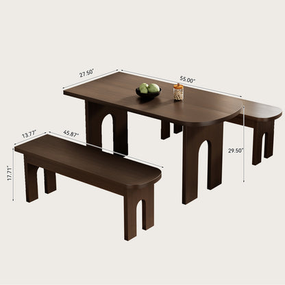 Dining Table with Stools for 4 Person, 55-inch Kitchen Wood Dinner Table Set with 2 Piece Benches Wooden Tabletop Dining Room Table for Living Room, Apartment, Retro Brown
