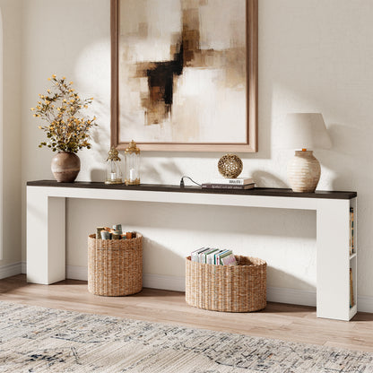 94.5" Narrow Console Table with USB Charging & Side Shelves, White | Extra Long Narrow Console, 94.5"L, Behind Sofa Table with Outlet & Storage Shelf, Skinny for Entryway Hallway