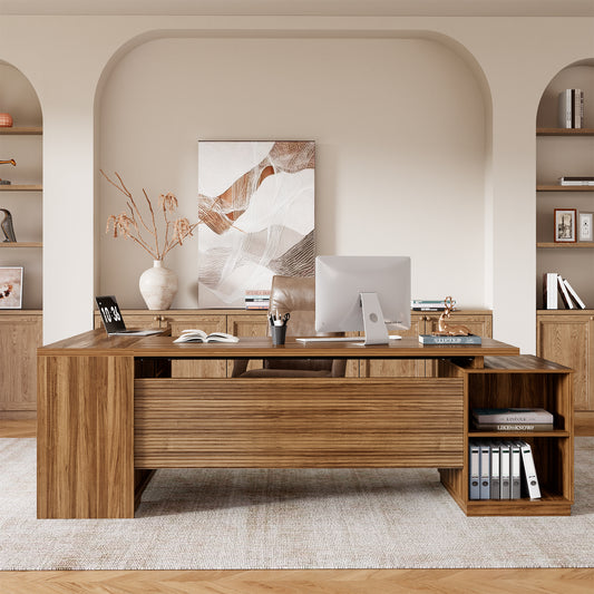 78 Inch L-Shaped Executive Desk with Drawer, Large Home Office Desk with File Cabinet, Modern Fluted Computer Table with Storage Open Shelves, Wood Business Furniture for Boss, Oak Brown
