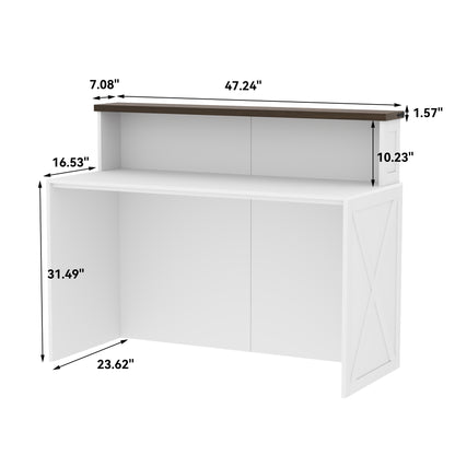 47-Inch Reception Desk with Counter, Modern Front Desk Reception Room Table, Unique Barn Door Home Design Office Receptions Desks Retail Counter for Checkout, Lobby, Beauty Salon, White