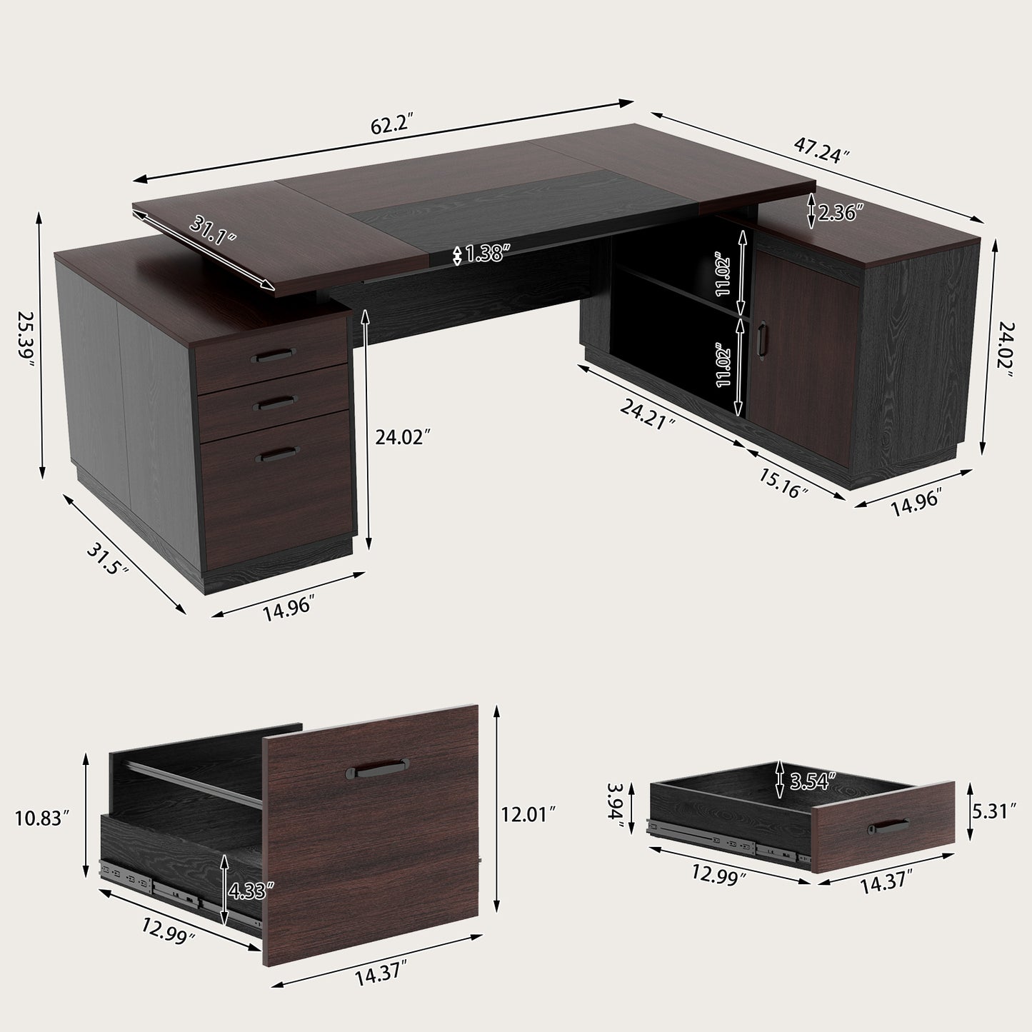 Epecoya L Shape Executive Desk with Drawers and Storage Cabinet, Wooden Executive Office Desk for Home, Large Computer Table with Lateral File Cabinet for Studio, Dark Brown Black