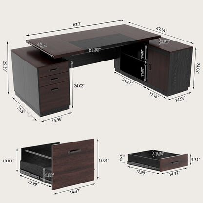 Epecoya L Shape Executive Desk with Drawers and Storage Cabinet, Wooden Executive Office Desk for Home, Large Computer Table with Lateral File Cabinet for Studio, Dark Brown Black
