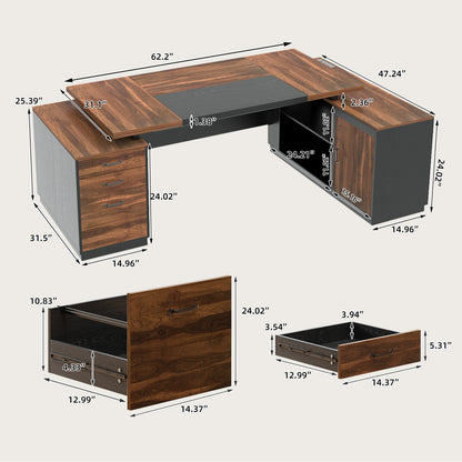 L-Shaped Executive Desk with Power Outlet, 78-Inch Large Office Desk with Drawer and Lateral File Cabinet, Modern Computer Table with Open Shelf and Storage Cabinet for Home Office Study, Brown Black
