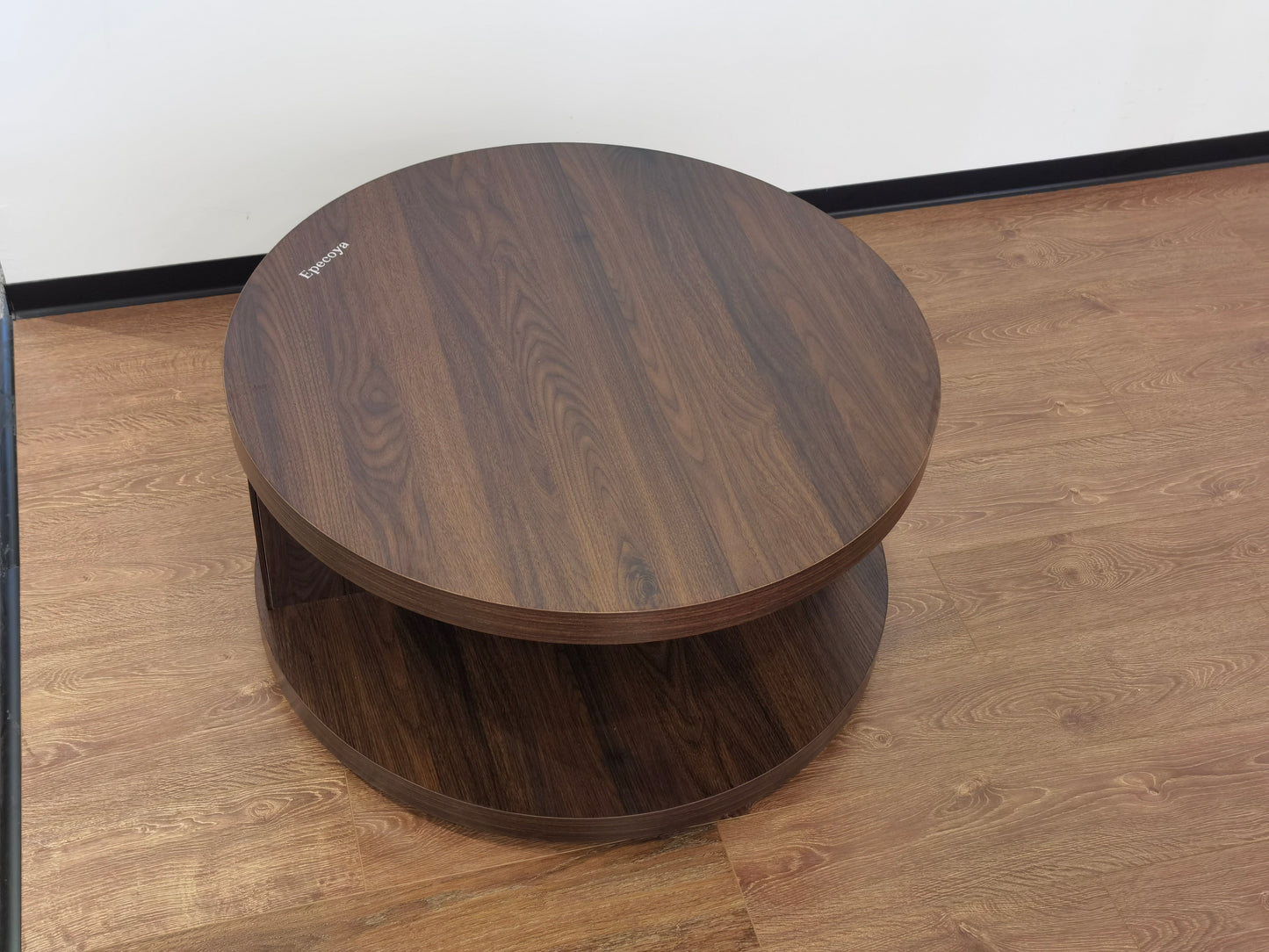 Round Wood Coffee Table with Open Storage Shelf for Living Room, 31.5-Inch Farmhouse 2-Tier Circle Center Tea Tables with Stylish Fluted Design for Apartment, Small Space, Dark Brown Walnut