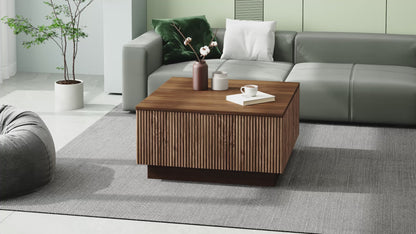 Lift Top Square Wood Coffee Table with Hidden Storage Compartment for Living Room, 31-Inch Farmhouse Fluted Center Tea Table with Wooden Lift-Top for Home, Apartment, Small Space, Brown Walnut
