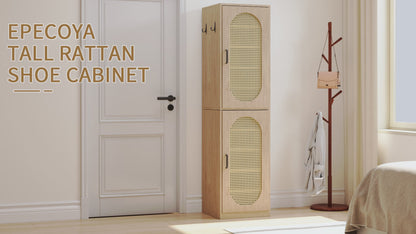 66-Inch Bathroom Storage Cabinet with Rattan Doors for Toilet, Tall Narrow Bath Room Organizer Space-Saving Floor Cabinets with Adjustable Shelves and 4 Hooks for Restroom, Small Spaces, Brown
