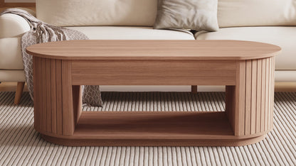 47-Inch Lift Top Wood Coffee Table with Hidden Storage Compartment and Open Shelf for Living Room, Fluted Oval Center Tea Table with Wooden Lift-Top for Apartment, Small Space, Light Brown Oak