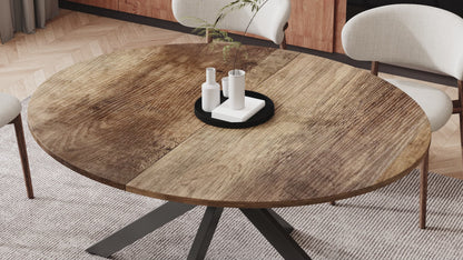 59-Inch Extendable Round Dining Table for Dining Room, 4-6 People Large Expendable Kitchen Dinner Tables with Oval Wood Top and Industrial Metal Frame for Dinner Room, Small Space, Black Brown