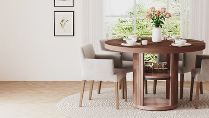 47-Inch Round Wood Dining Table with Open Storage Shelves for Dining Room, 4-6 People Farmhouse Circle Kitchen Dinner Tables with Fluted Design for Living Room, Apartments, Dark Brown Walnut